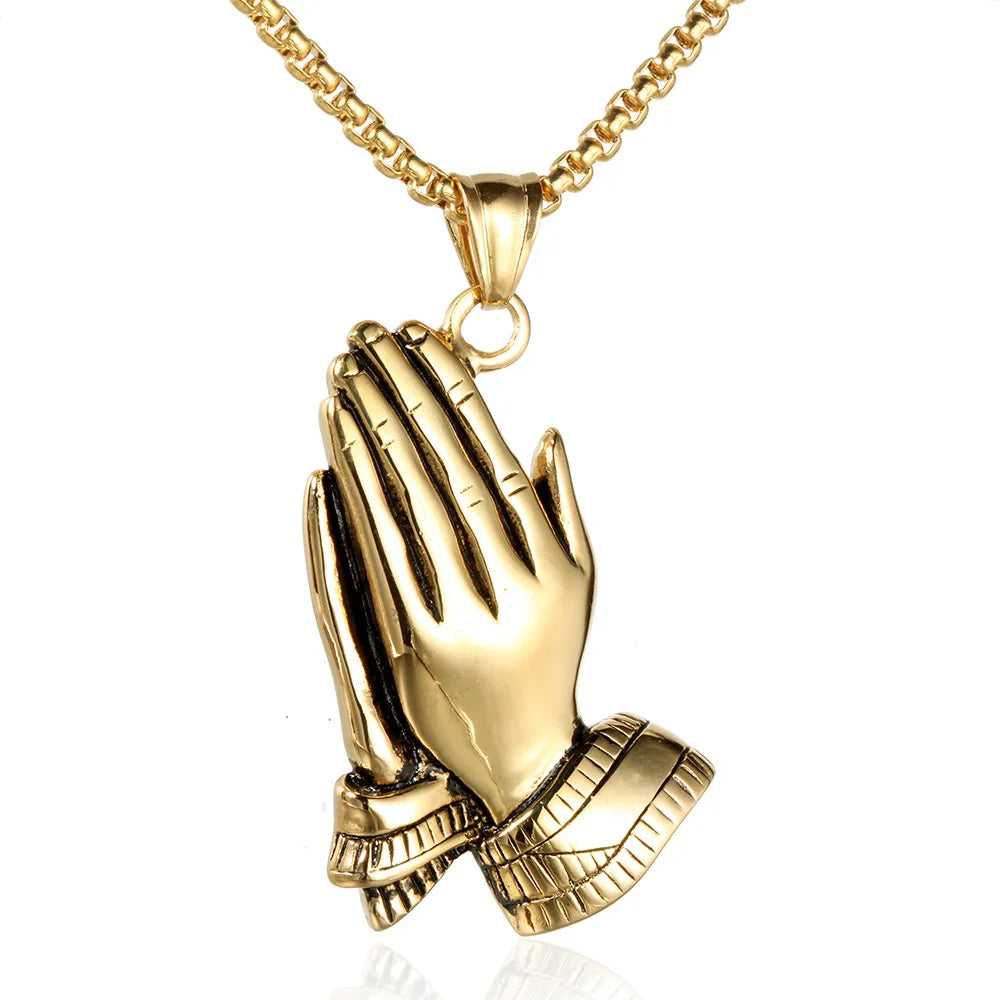 New Trendy Praying Hands Pendant Necklace Men's Necklace Fashion Metal Religious Amulet Pendant Accessories Party Jewelry