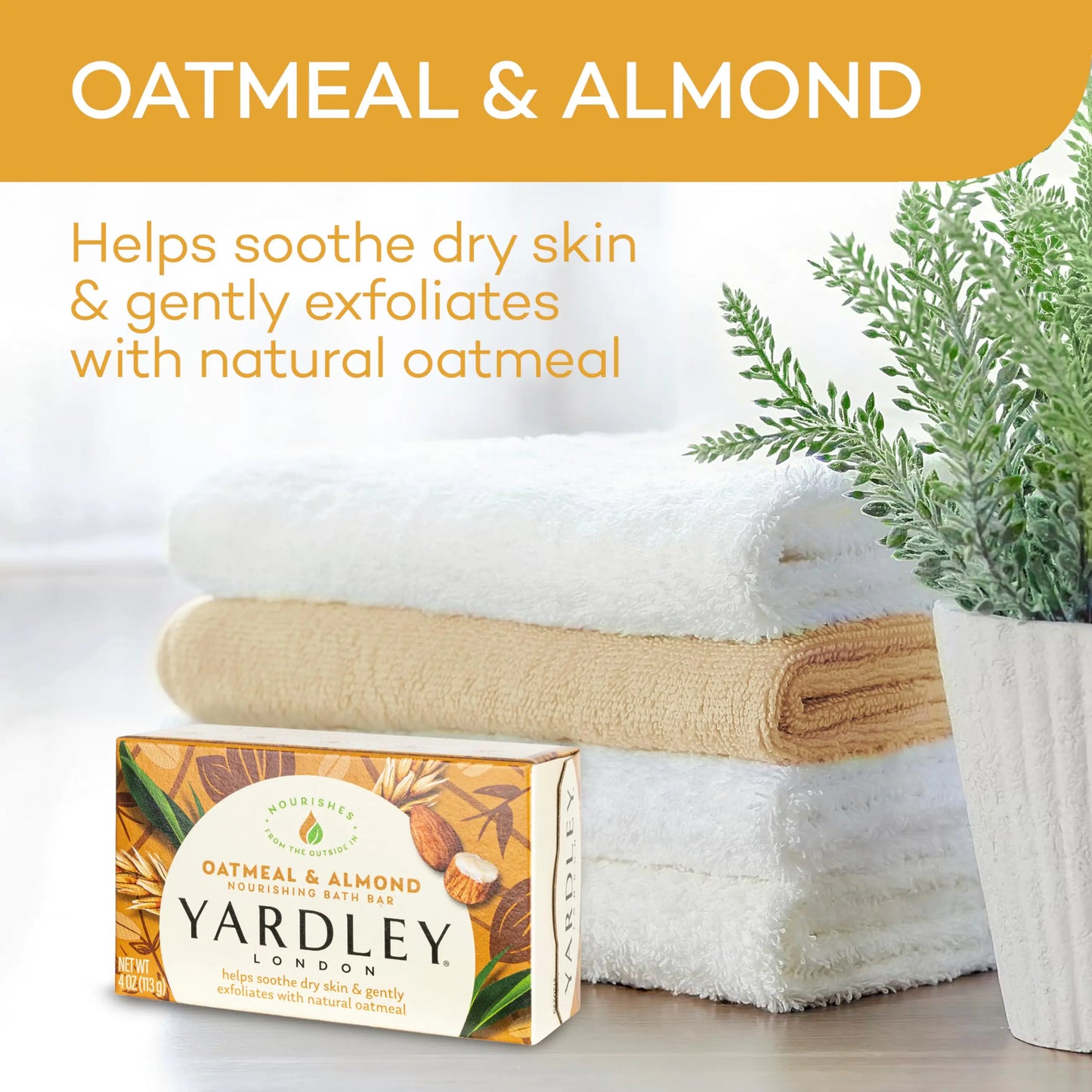 Yardley London Nourishing Bath Soap Bar Oatmeal & Almond, Helps Soothe Dry Skin & Gently Exfoliates with Natural Oatmeal, 4.0 oz Bath Bar, 1 Soap Bar 4 Ounce (Pack of 1)