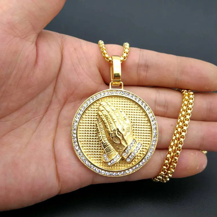 Arrival 316L Stainless steel zircon Praying Hands Hiphop Bling Necklace Mens Gold color Religious Jewelry Iced Out Prayer Jesus