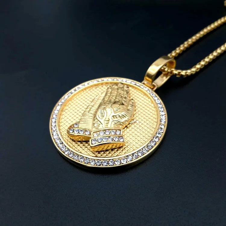 Arrival 316L Stainless steel zircon Praying Hands Hiphop Bling Necklace Mens Gold color Religious Jewelry Iced Out Prayer Jesus