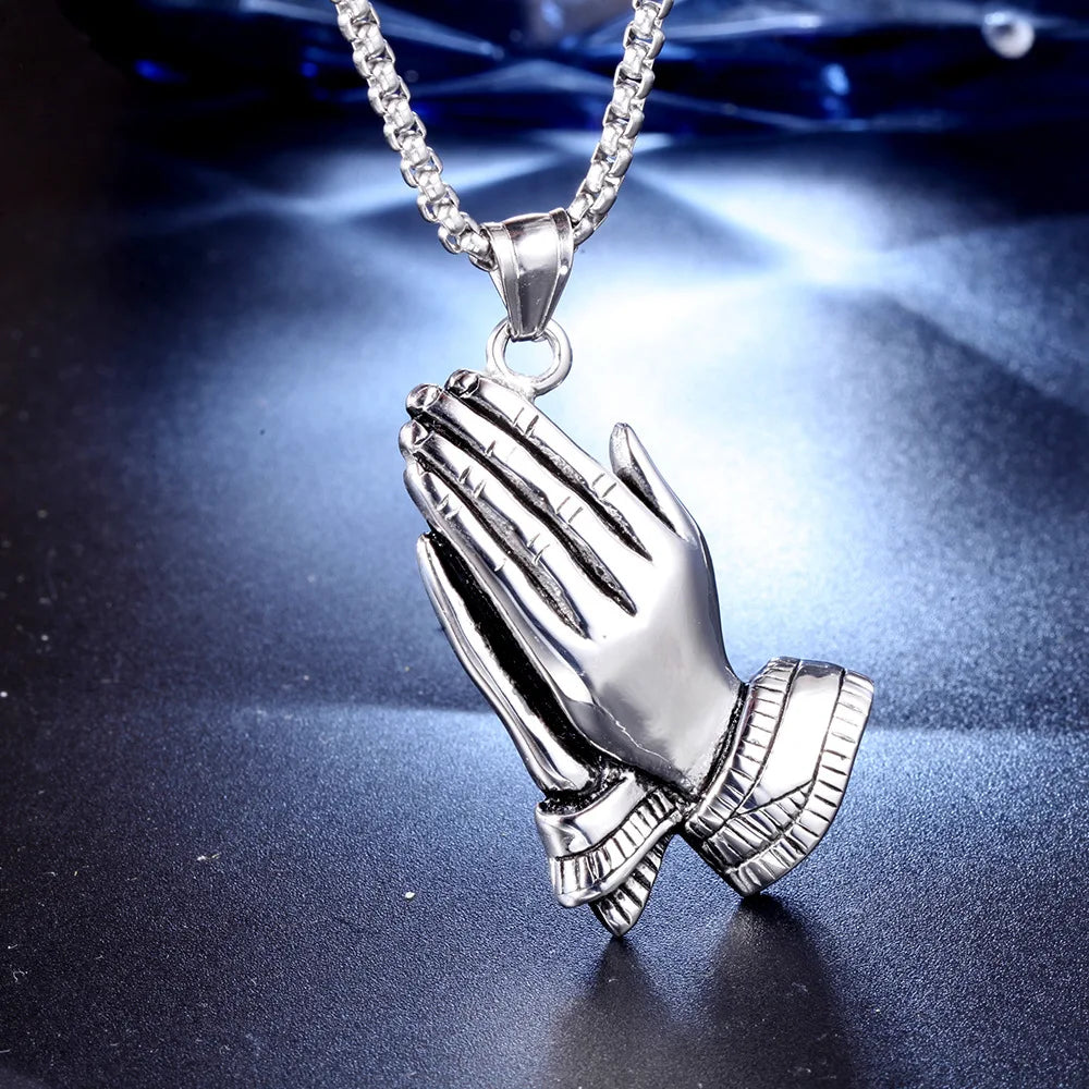 New Trendy Praying Hands Pendant Necklace Men's Necklace Fashion Metal Religious Amulet Pendant Accessories Party Jewelry