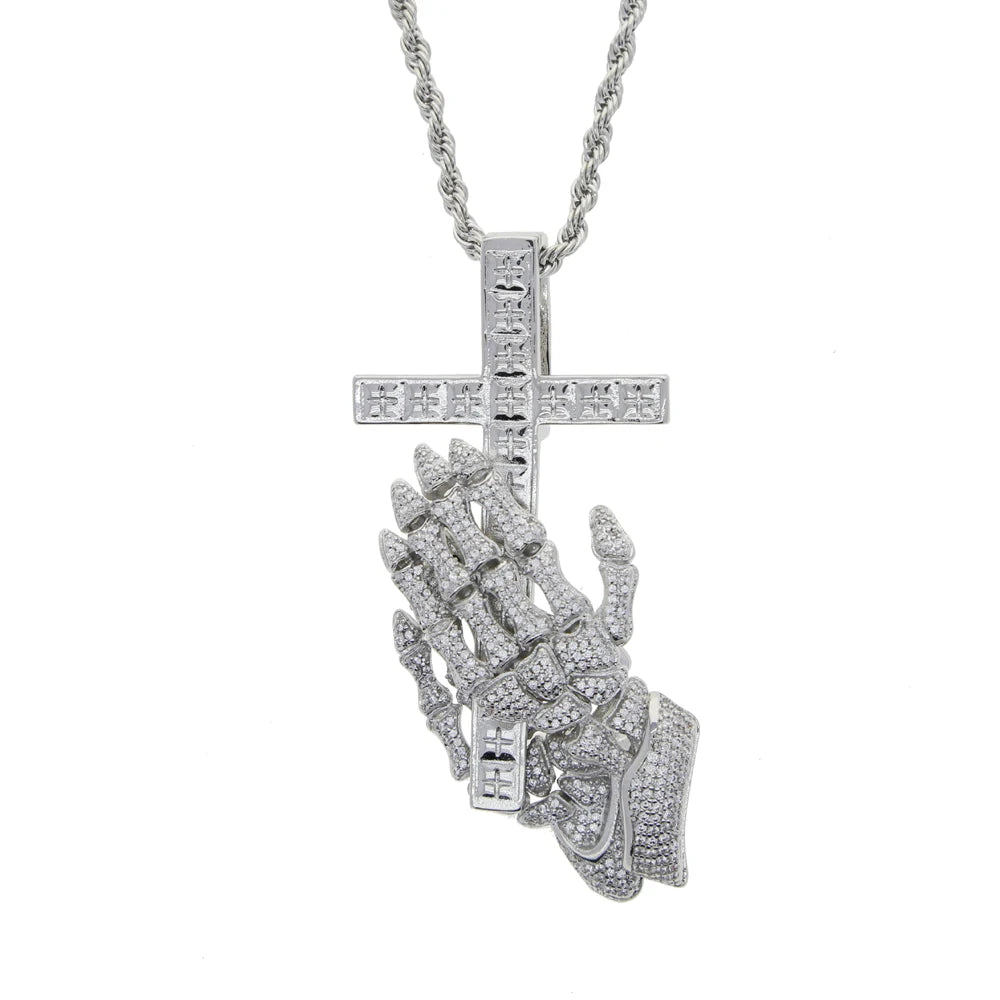 Wholesale Hip Hop Icde Cubic Zirconia CZ Iced Out Praying Hands Cross Necklaces Pendants For Men Jewelry With Twist Rope Chain