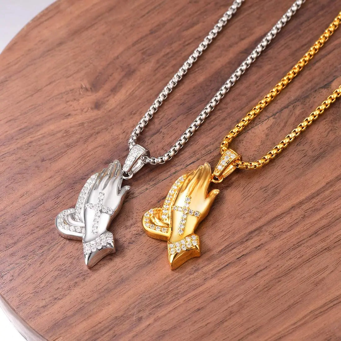 U7 Hip Hop Tennis Necklace CZ Inlaid Praying Hands Pendant Necklace for Men