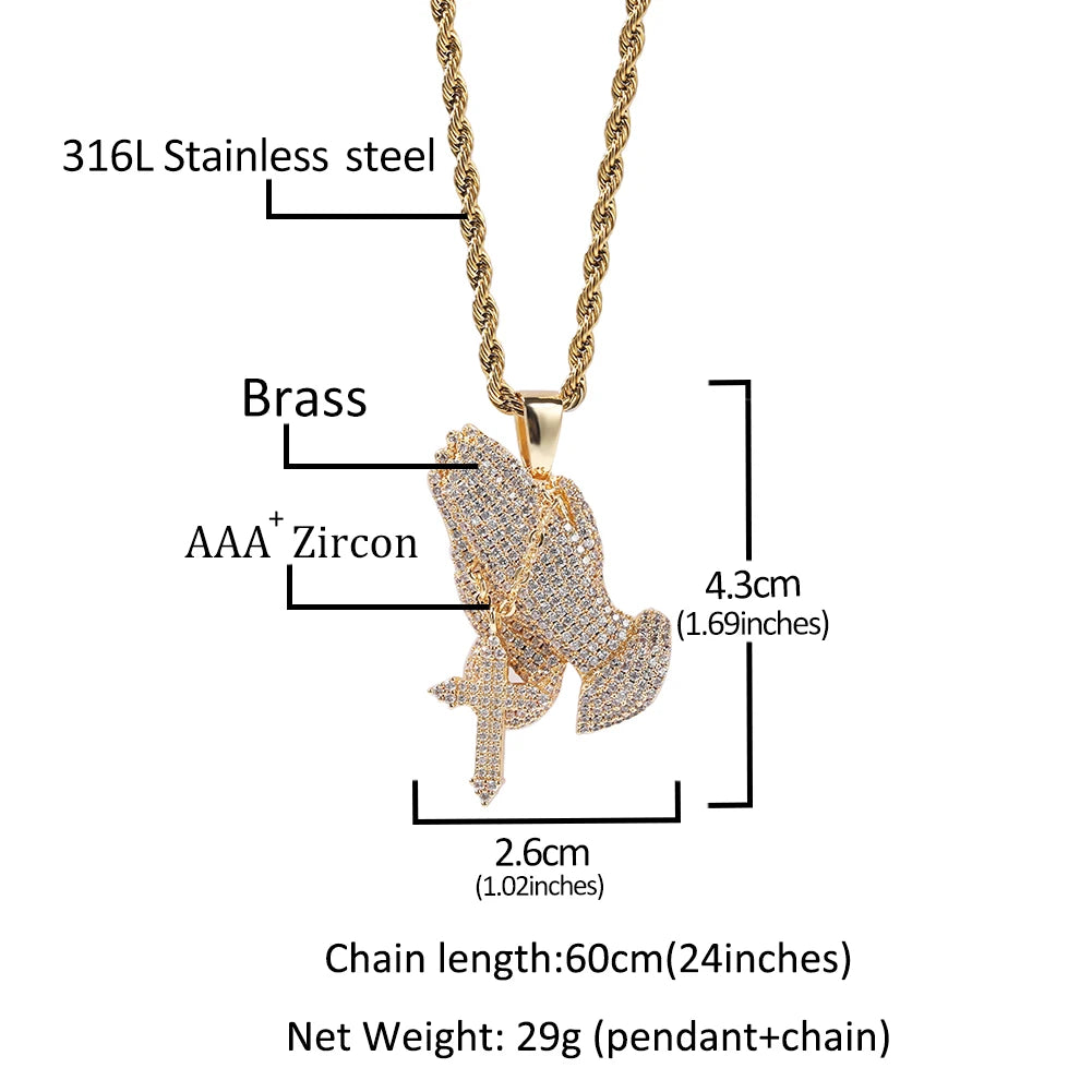 UWIN Praying Hands Cross Necklaces & Pendants For Men Women Iced Out Cubic Zirconia Jewelry With Solid Back for Drop Shipping