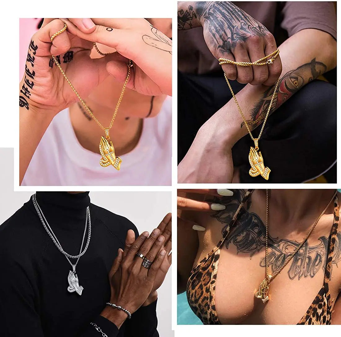 U7 Hip Hop Tennis Necklace CZ Inlaid Praying Hands Pendant Necklace for Men