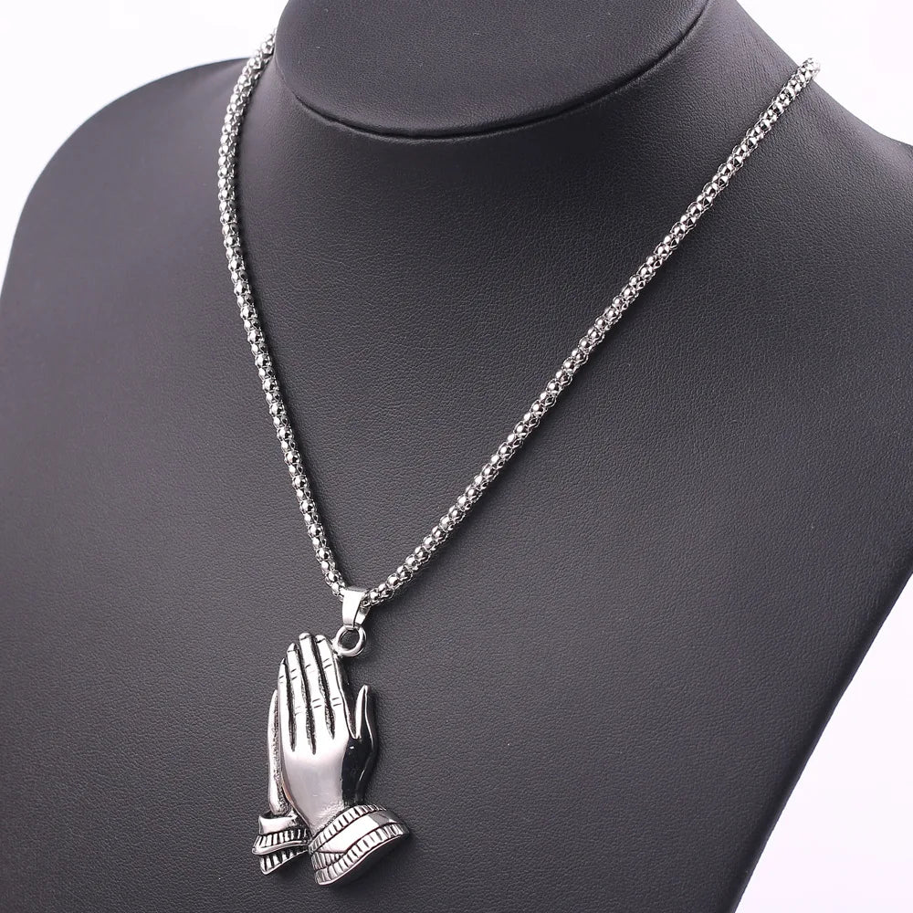 New Trendy Praying Hands Pendant Necklace Men's Necklace Fashion Metal Religious Amulet Pendant Accessories Party Jewelry