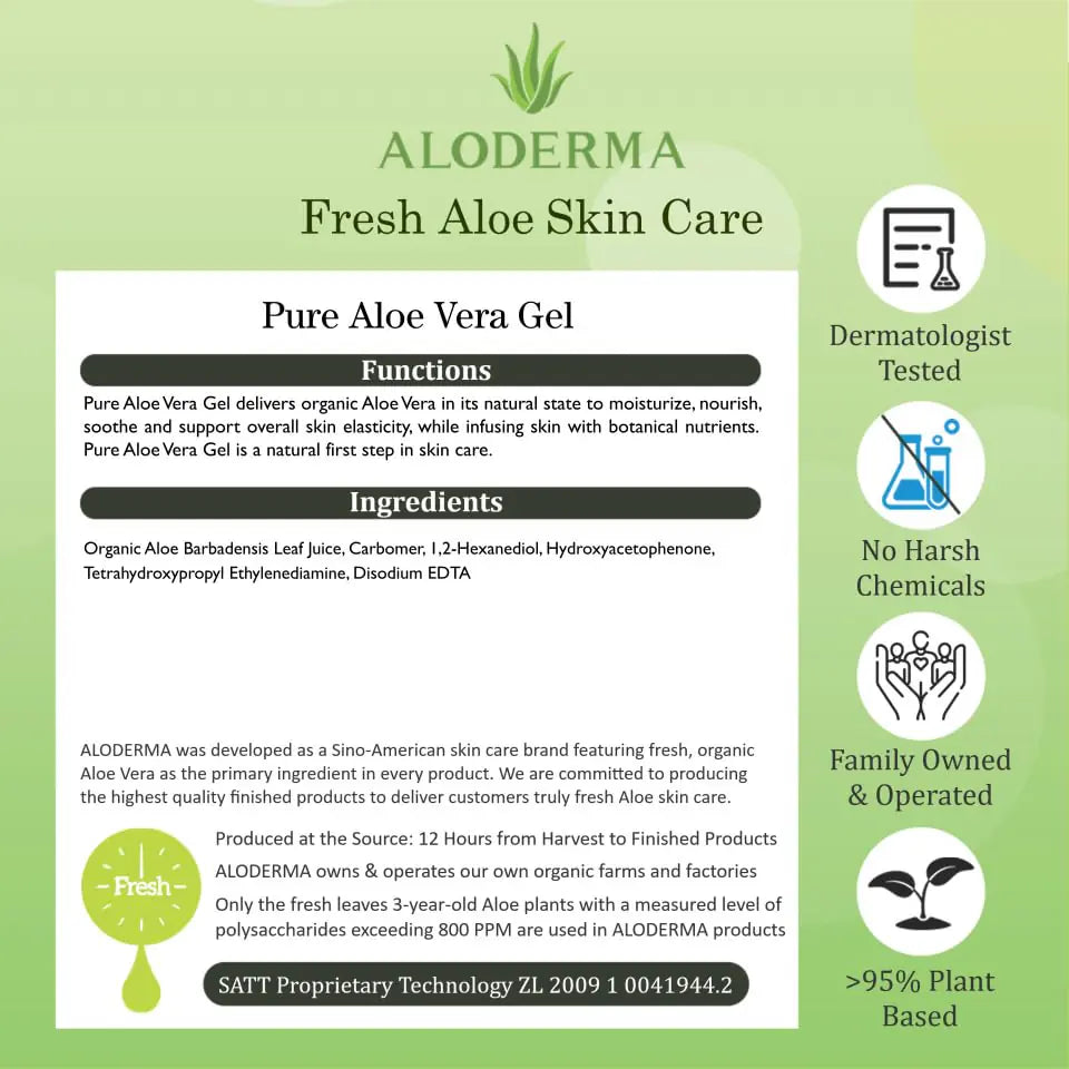 Aloderma 99% Organic Aloe Vera Gel for Face Made within 12 Hours of Harvest - Natural Hydrating Pure Aloe Vera Gel for Soothing Skincare - Moisturizing Aloe Gel for Skin, Face, & Sensitive Skin, 4oz 1