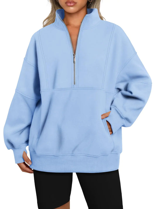 AUTOMET Women's Half Zip Oversized Sweatshirts Fleece Long Sleeve Hoodies Casual Sweaters with Pockerts Large Lightblue