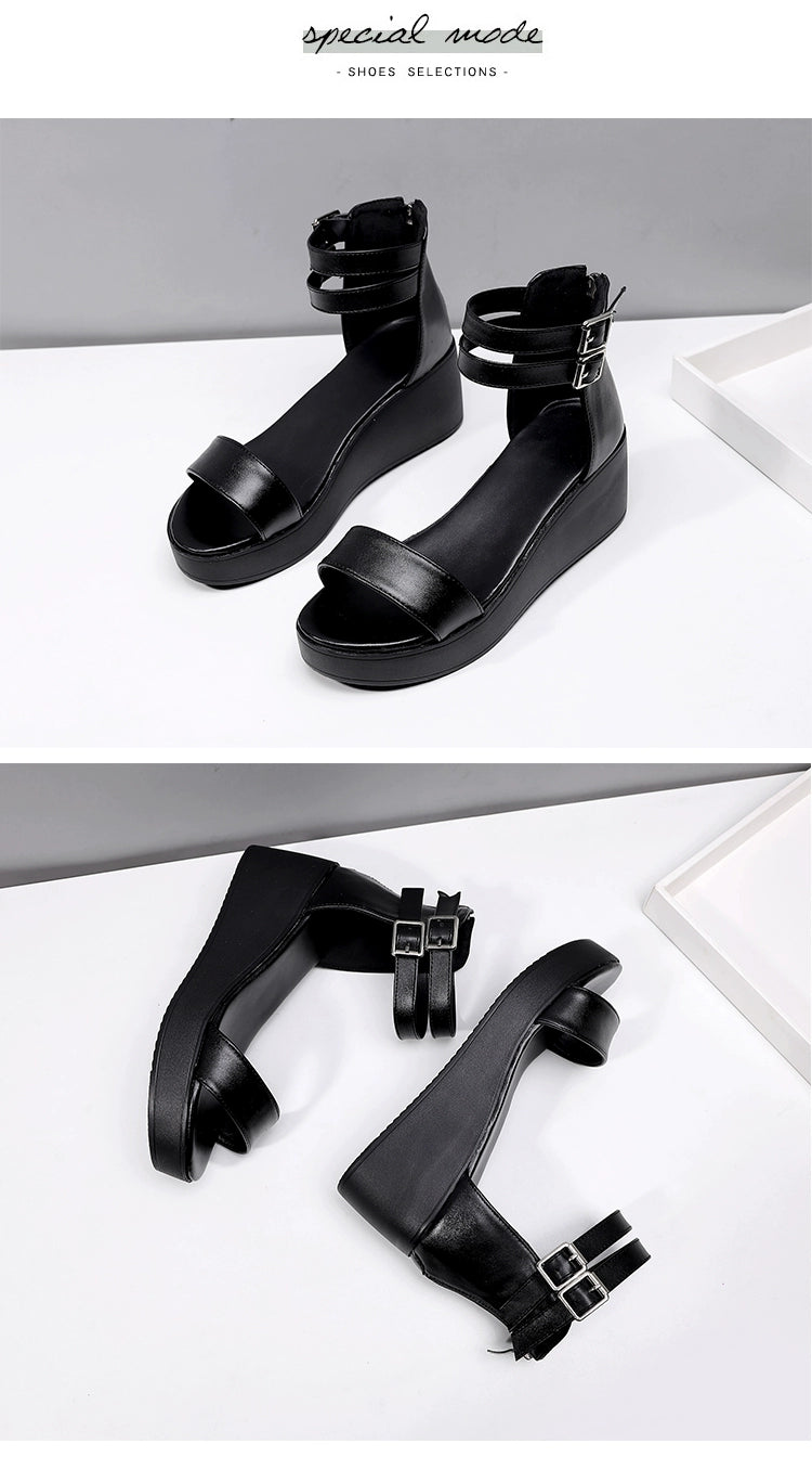 Summer New Arrival Genuine Leather Strap Women's Sandals Hollow Beach Shoes Platform Shoes Platform Height Increasing Shoes Mid-High Wedge Women's Shoes Fashion