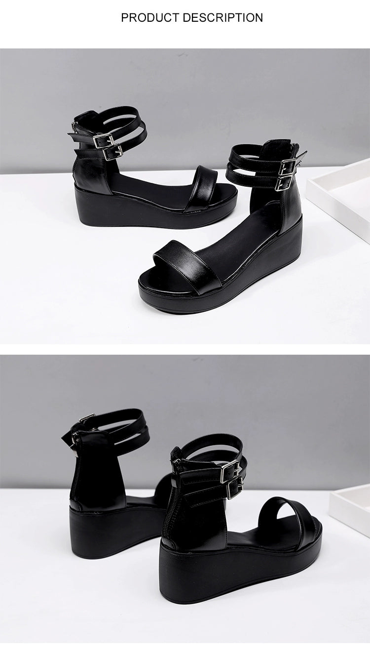 Summer New Arrival Genuine Leather Strap Women's Sandals Hollow Beach Shoes Platform Shoes Platform Height Increasing Shoes Mid-High Wedge Women's Shoes Fashion