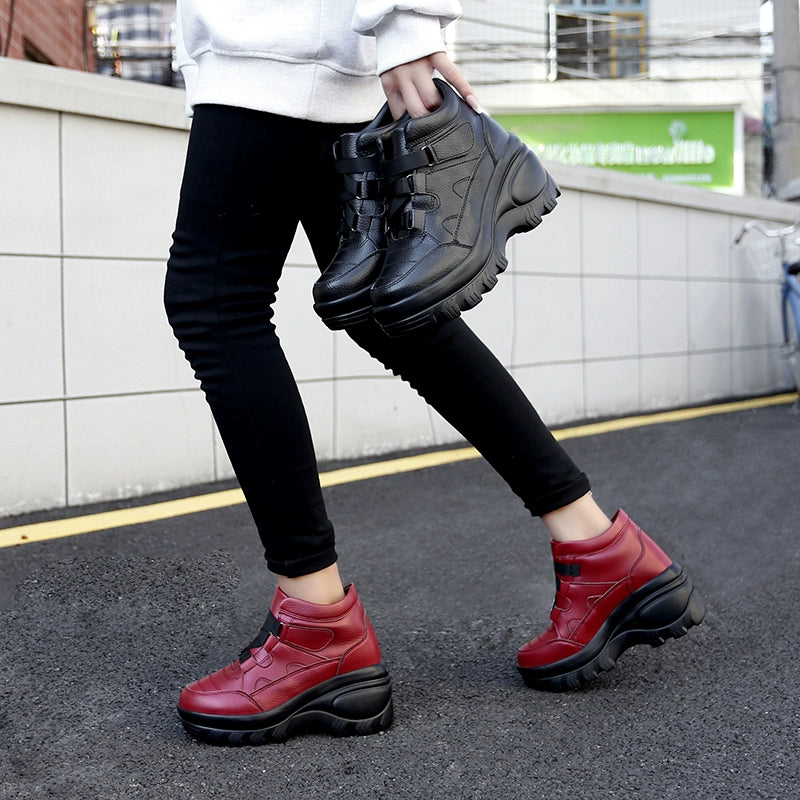 Outdoor Platform Height Increasing Shoes Women's High-Top Shoes Leather Waterproof Travel Shoes 8cm Platform Shoes High Heels Travel Shoes for Women