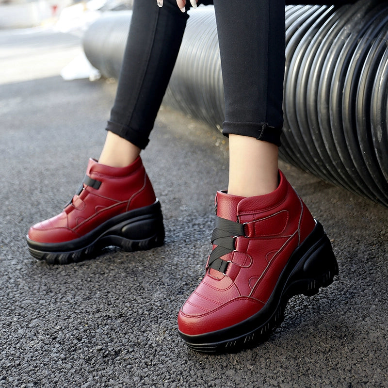 Outdoor Platform Height Increasing Shoes Women's High-Top Shoes Leather Waterproof Travel Shoes 8cm Platform Shoes High Heels Travel Shoes for Women