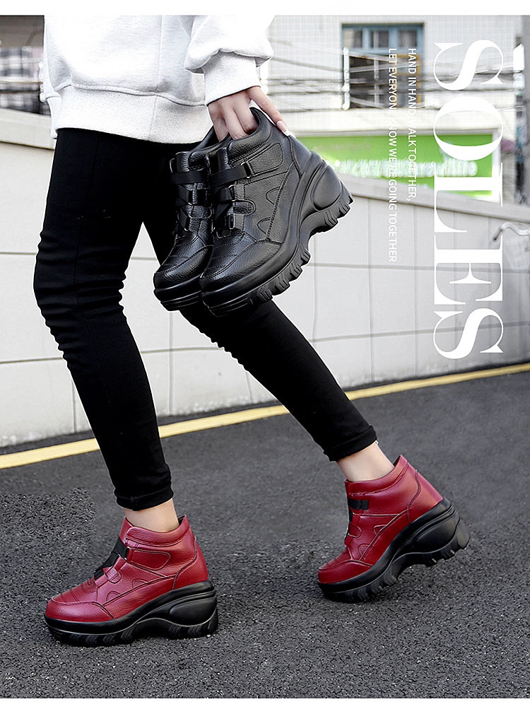 Outdoor Platform Height Increasing Shoes Women's High-Top Shoes Leather Waterproof Travel Shoes 8cm Platform Shoes High Heels Travel Shoes for Women