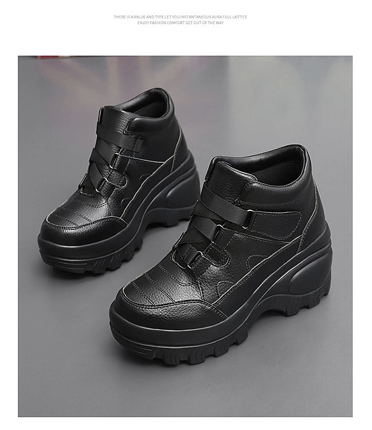 Outdoor Platform Height Increasing Shoes Women's High-Top Shoes Leather Waterproof Travel Shoes 8cm Platform Shoes High Heels Travel Shoes for Women