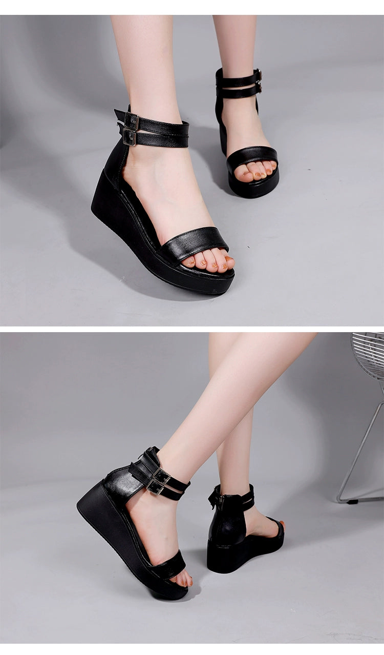 Summer New Arrival Genuine Leather Strap Women's Sandals Hollow Beach Shoes Platform Shoes Platform Height Increasing Shoes Mid-High Wedge Women's Shoes Fashion