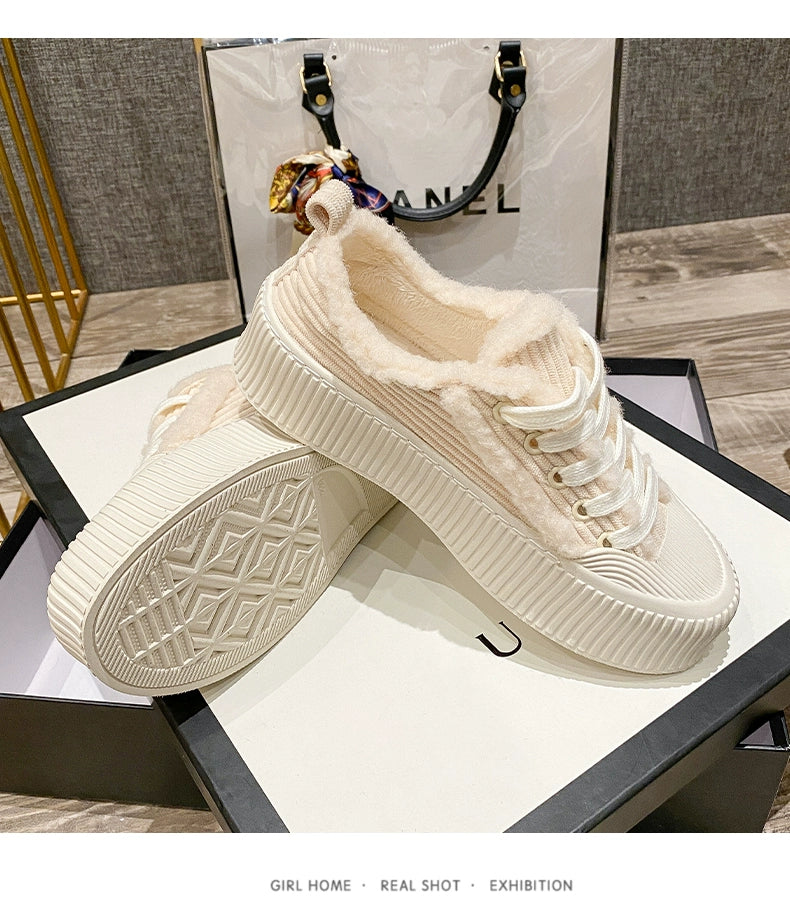 Fluffy Shoes Women's Winter Outwear Cotton-Padded Shoes with Velvet New New Muffin Shoes Platform Height Increasing Shoes Lace-up Beanie Shoes Cotton Shoes