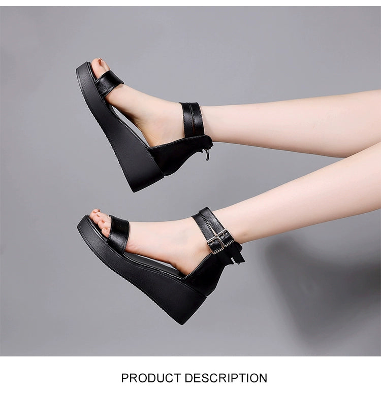 Summer New Arrival Genuine Leather Strap Women's Sandals Hollow Beach Shoes Platform Shoes Platform Height Increasing Shoes Mid-High Wedge Women's Shoes Fashion