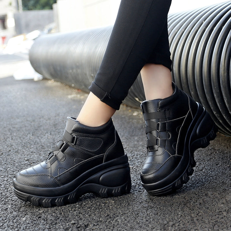 Outdoor Platform Height Increasing Shoes Women's High-Top Shoes Leather Waterproof Travel Shoes 8cm Platform Shoes High Heels Travel Shoes for Women