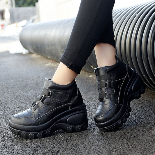 Outdoor Platform Height Increasing Shoes Women's High-Top Shoes Leather Waterproof Travel Shoes 8cm Platform Shoes High Heels Travel Shoes for Women