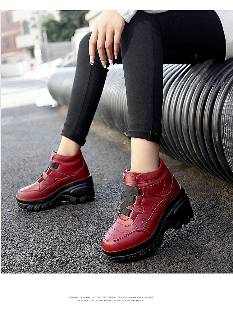 Outdoor Platform Height Increasing Shoes Women's High-Top Shoes Leather Waterproof Travel Shoes 8cm Platform Shoes High Heels Travel Shoes for Women