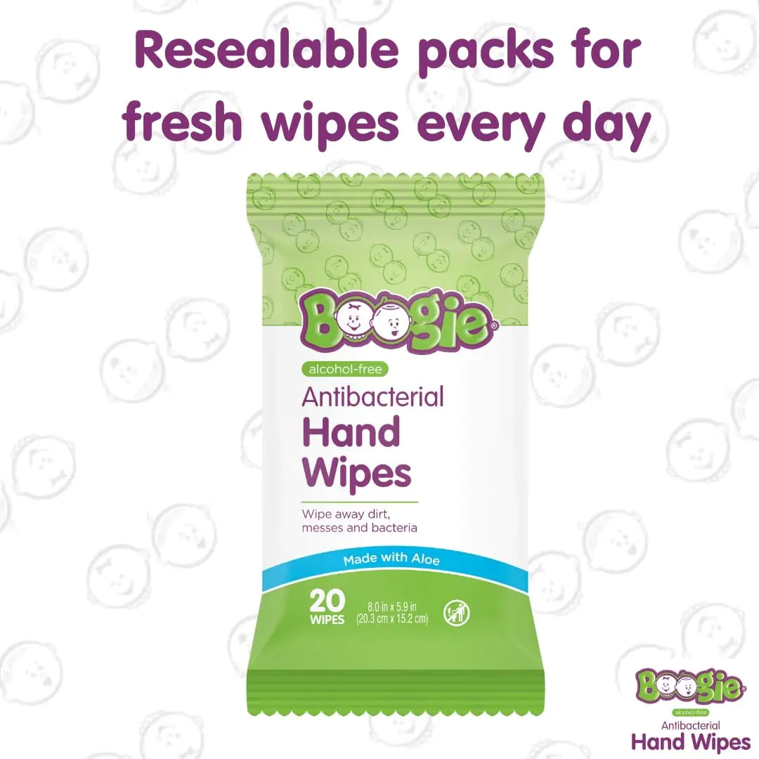 Antibacterial Hand Wipes by Boogie, Alcohol Free, Hypoallergenic and Moisturizing Aloe, Hand Wipes for Kids and Adults, 5 Packs of 20 (100 Total Wipes)