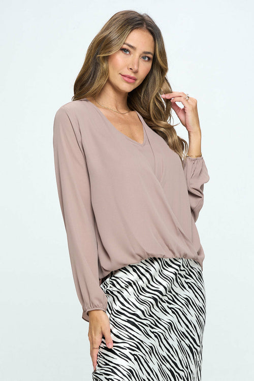 Solid Long Sleeve Surplice Top