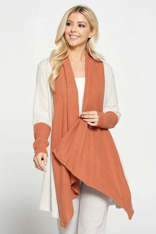 Open Front Draped Cardigan with Color Block Sleeve Detail