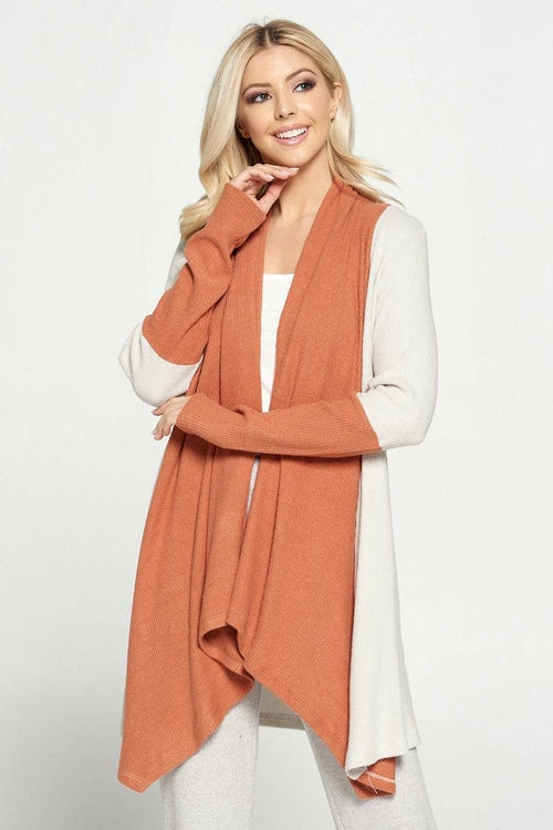 Open Front Draped Cardigan with Color Block Sleeve Detail