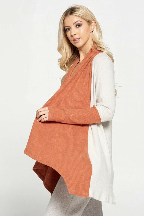 Open Front Draped Cardigan with Color Block Sleeve Detail
