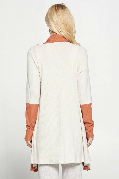Open Front Draped Cardigan with Color Block Sleeve Detail