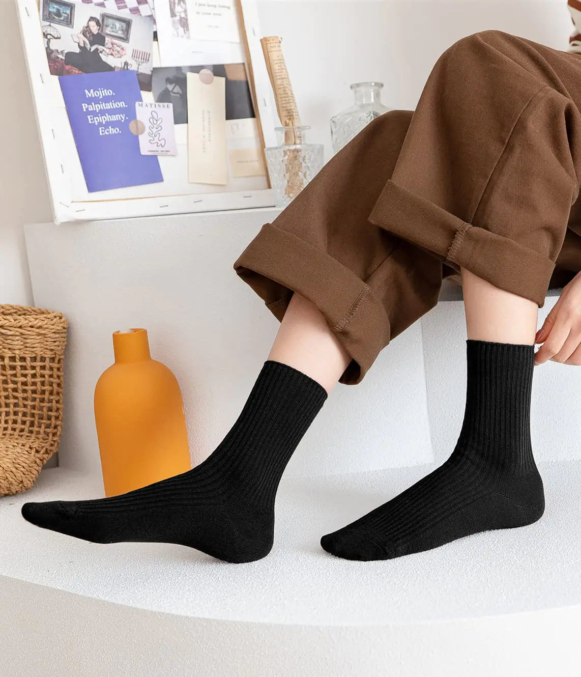 ACCFOD Womens Cute Crew Socks Casual Athletic Aesthetic Socks Neutral Cotton Socks for Women Granola Girls Clothes 9-11 Black