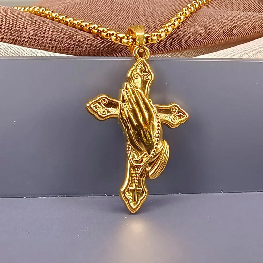 The Praying Hands Pendant Stainless Steel Necklace For Men Women Gold/Silver Color Metal Cross Choker Religious Jewelry