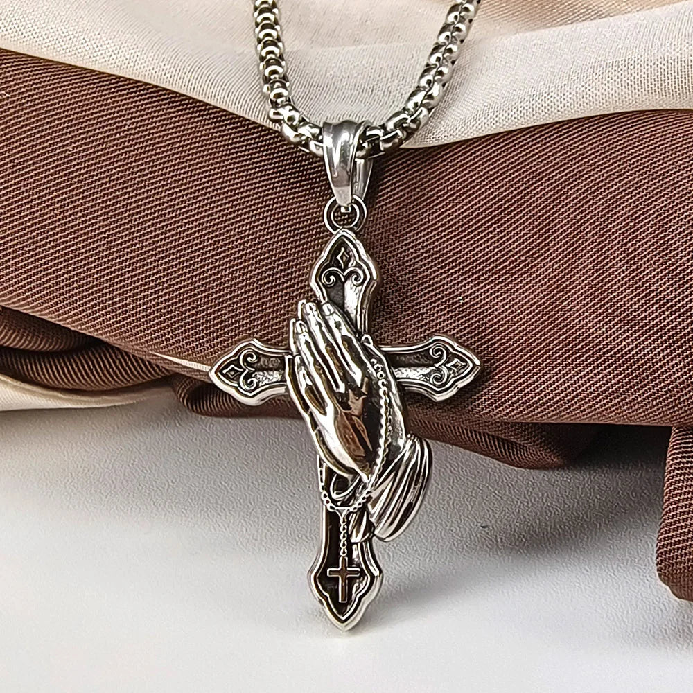 The Praying Hands Pendant Stainless Steel Necklace For Men Women Gold/Silver Color Metal Cross Choker Religious Jewelry