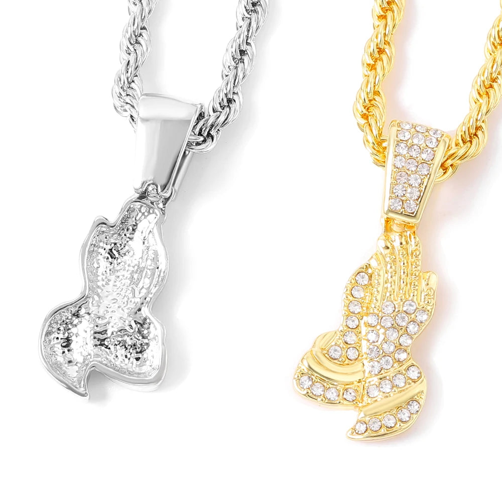 Men's Hip-hop Pendant Necklace Set Stylish Praying Hands Pendant Tennis/Rope Chain Iced Out Inlaid Diamonds Punk Jewelry Gift