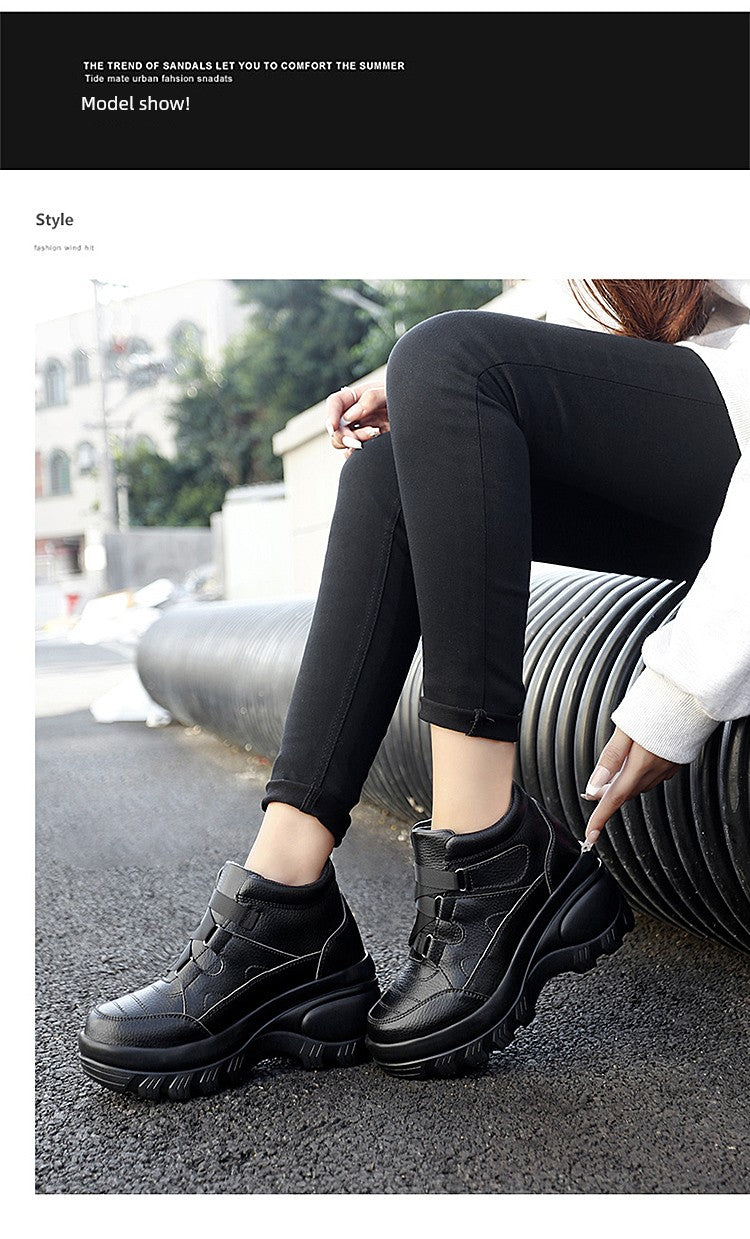 Outdoor Platform Height Increasing Shoes Women's High-Top Shoes Leather Waterproof Travel Shoes 8cm Platform Shoes High Heels Travel Shoes for Women