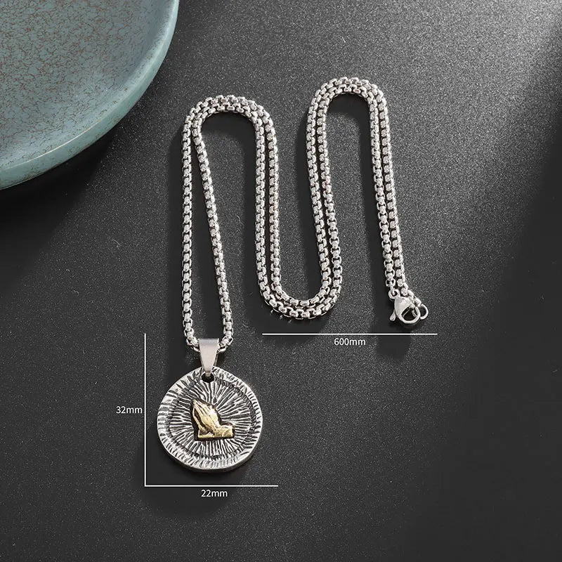 New Classic Stone Pattern Praying Hands Necklace Men's and Women's Faith God Amulet Jewelry Accessories