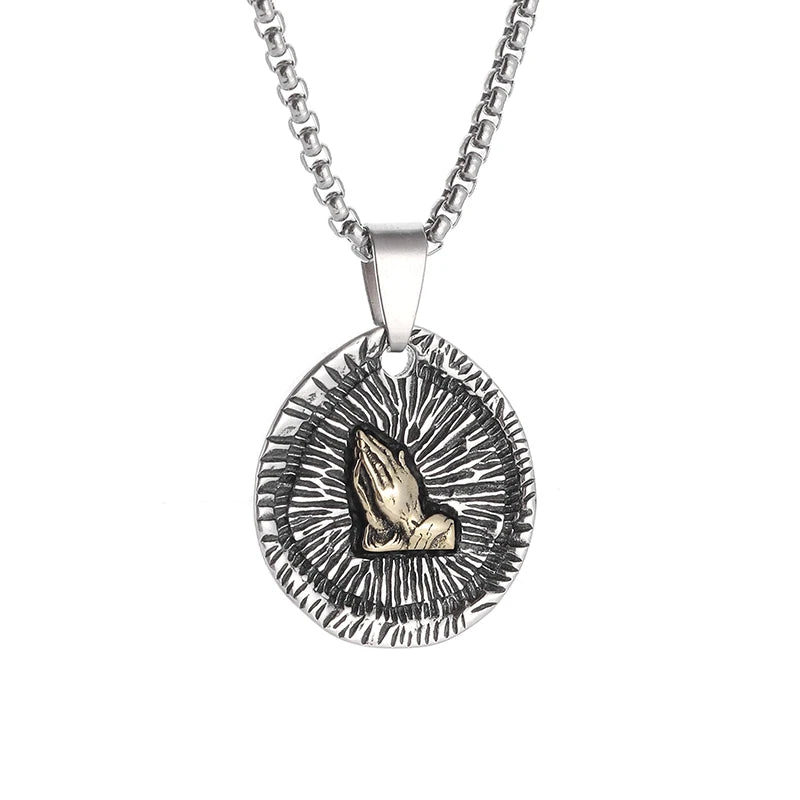 New Classic Stone Pattern Praying Hands Necklace Men's and Women's Faith God Amulet Jewelry Accessories
