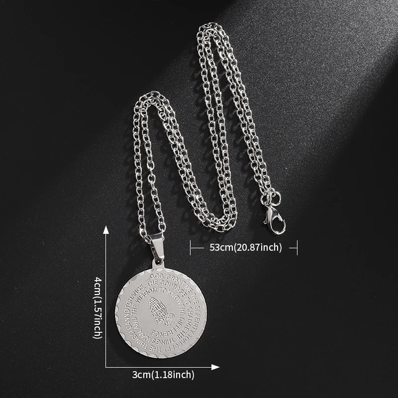 Classic Bible Prayer Zircon Necklace for Men Christian Stainless Steel Praying Hands Medal Pendant Necklace