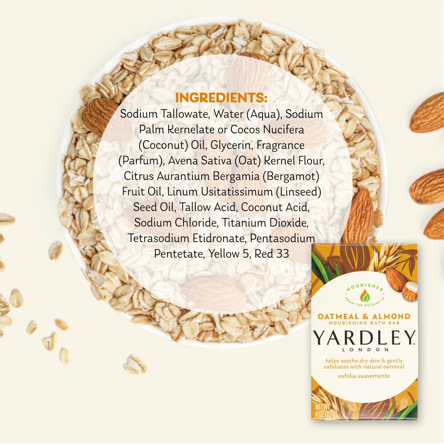 Yardley London Nourishing Bath Soap Bar Oatmeal & Almond, Helps Soothe Dry Skin & Gently Exfoliates with Natural Oatmeal, 4.0 oz Bath Bar, 1 Soap Bar 4 Ounce (Pack of 1)