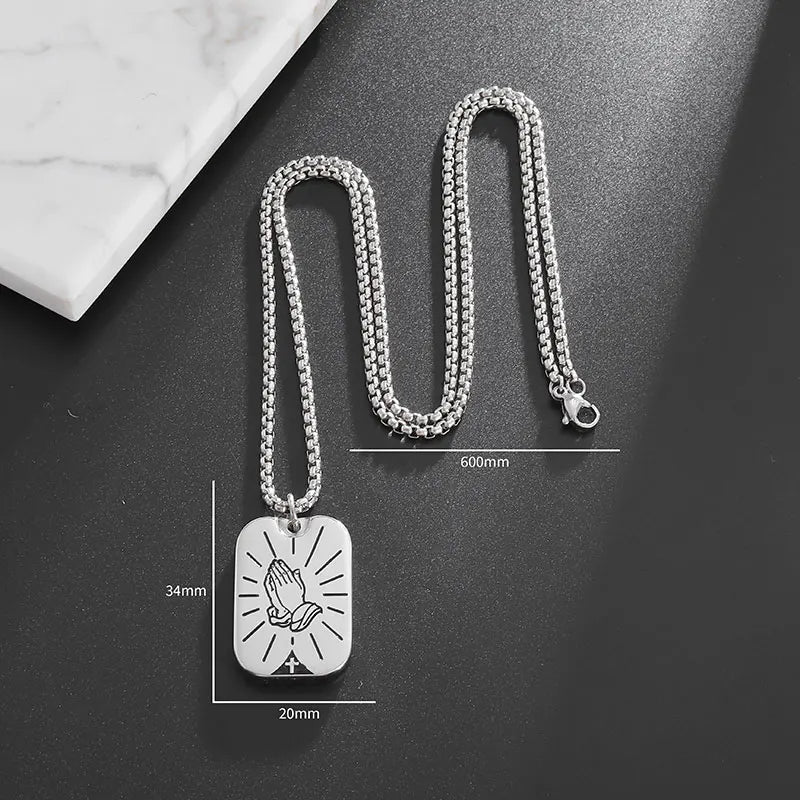 New Classic Stone Pattern Praying Hands Necklace Men's and Women's Faith God Amulet Jewelry Accessories