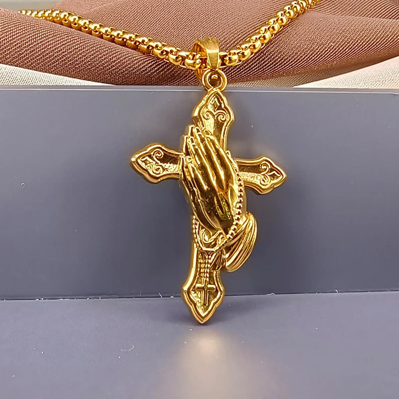 The Praying Hands Pendant Stainless Steel Necklace For Men Women Gold/Silver Color Metal Cross Choker Religious Jewelry