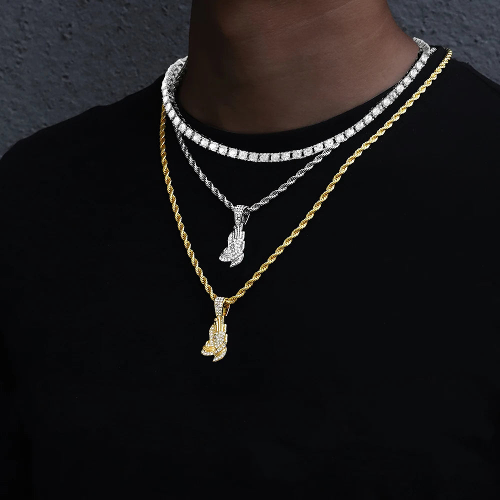 Men's Hip-hop Pendant Necklace Set Stylish Praying Hands Pendant Tennis/Rope Chain Iced Out Inlaid Diamonds Punk Jewelry Gift