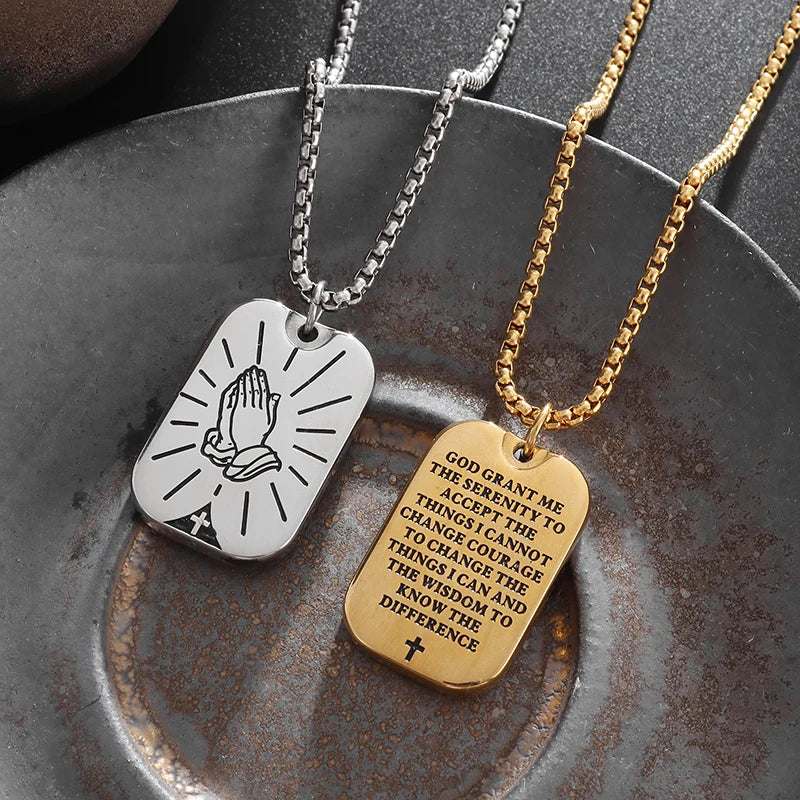 New Classic Stone Pattern Praying Hands Necklace Men's and Women's Faith God Amulet Jewelry Accessories