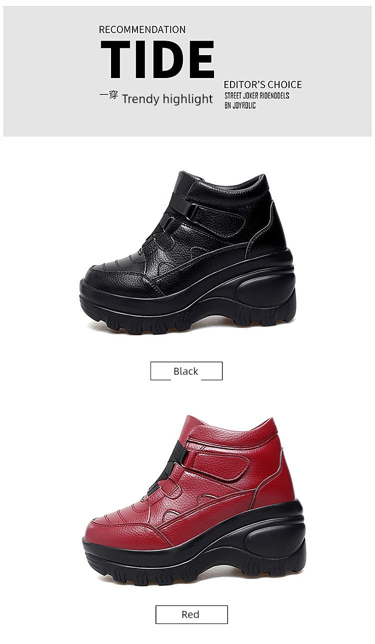 Outdoor Platform Height Increasing Shoes Women's High-Top Shoes Leather Waterproof Travel Shoes 8cm Platform Shoes High Heels Travel Shoes for Women