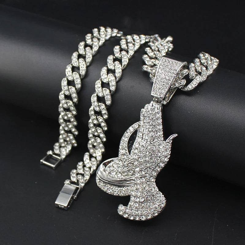 Christian Religious Jewelry Prayer Necklace Hip Hop Iced Out Chain with Praying Hands Pendant Necklaces for Women Men Jewelry