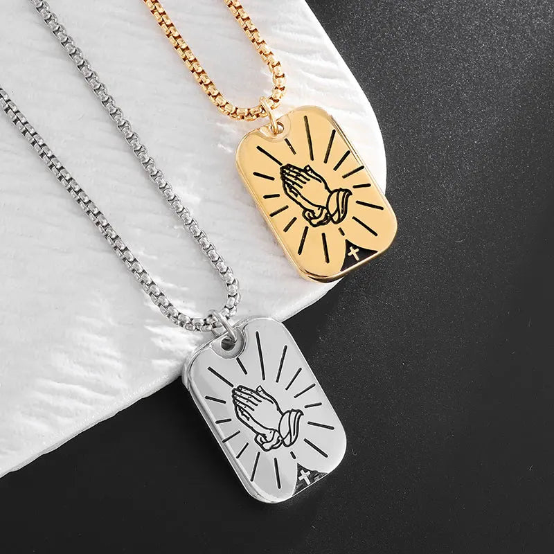 New Classic Stone Pattern Praying Hands Necklace Men's and Women's Faith God Amulet Jewelry Accessories