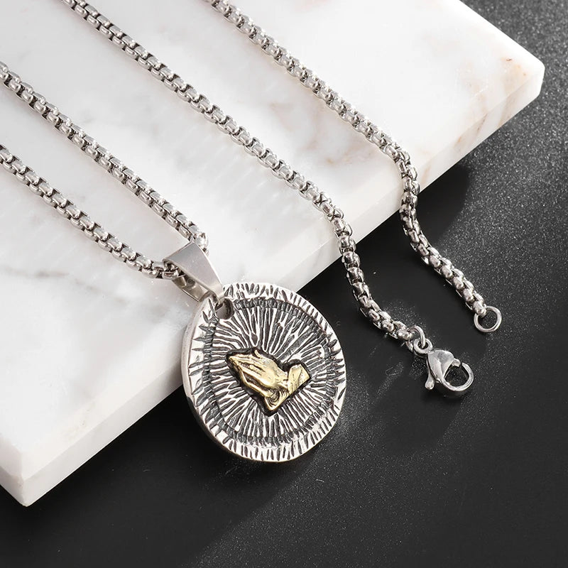 New Classic Stone Pattern Praying Hands Necklace Men's and Women's Faith God Amulet Jewelry Accessories