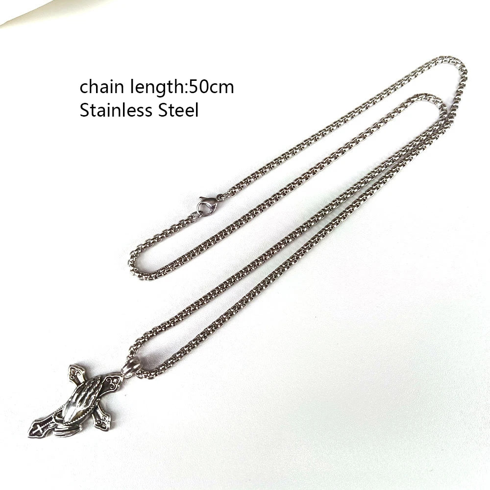 The Praying Hands Pendant Stainless Steel Necklace For Men Women Gold/Silver Color Metal Cross Choker Religious Jewelry