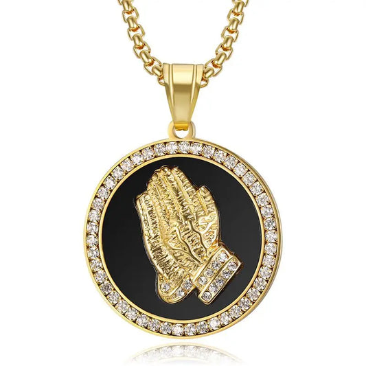 Hip Hop Bling Iced Out Rhinestone Gold Silver Color Stainless Steel Praying Hand Round Pendants Necklace for Men Rapper Jewelry
