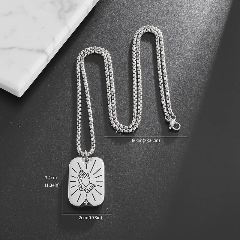 New Classic Stone Pattern Praying Hands Necklace Men's and Women's Faith God Amulet Jewelry Accessories